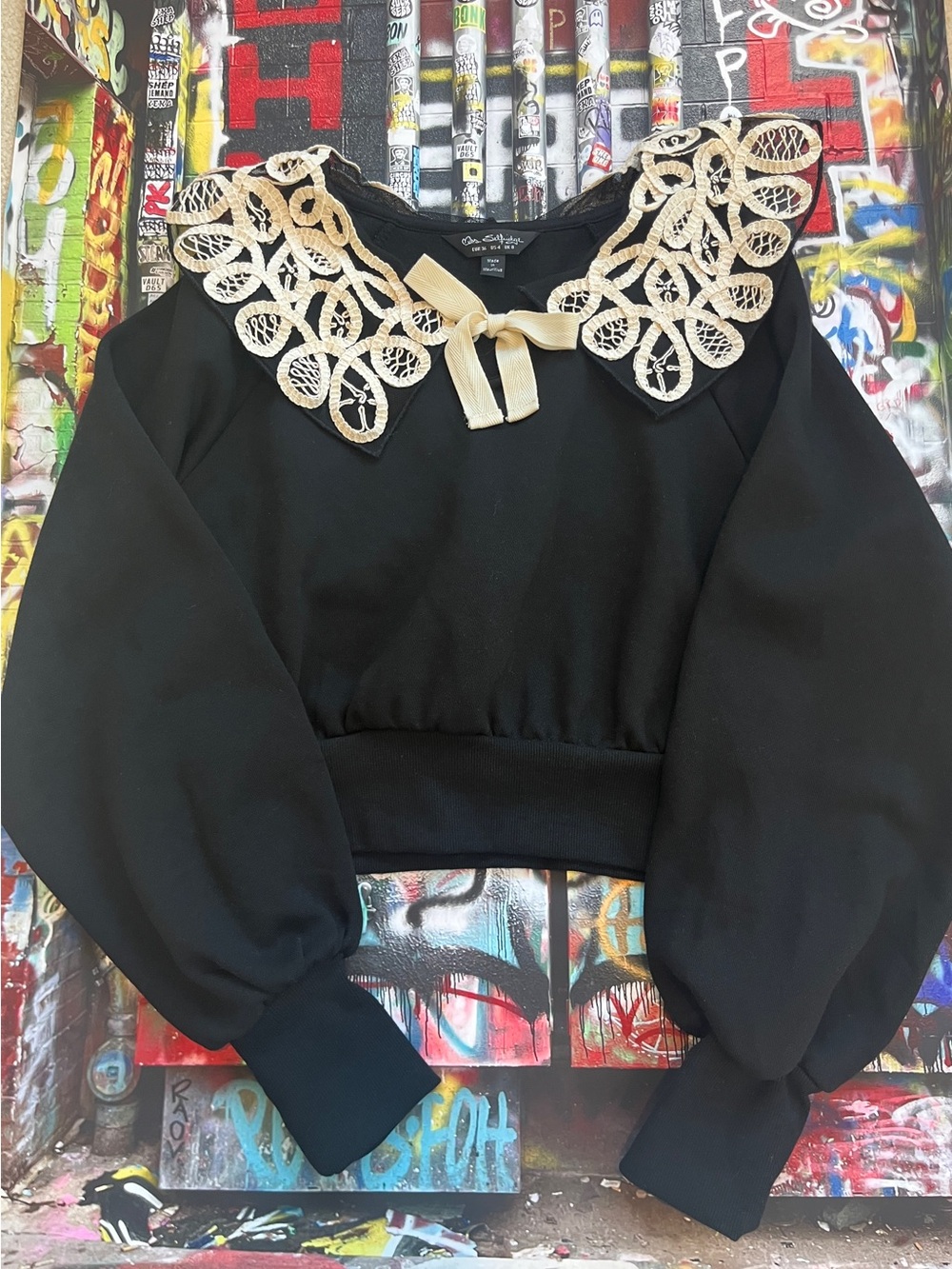 Miss Selfridge Adorable Black Cropped Sweatshirt with Cream Lace Collar